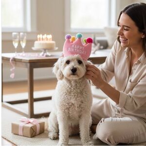 Pink "Happy Birthday" Dog Crown Hat with Pom-Poms